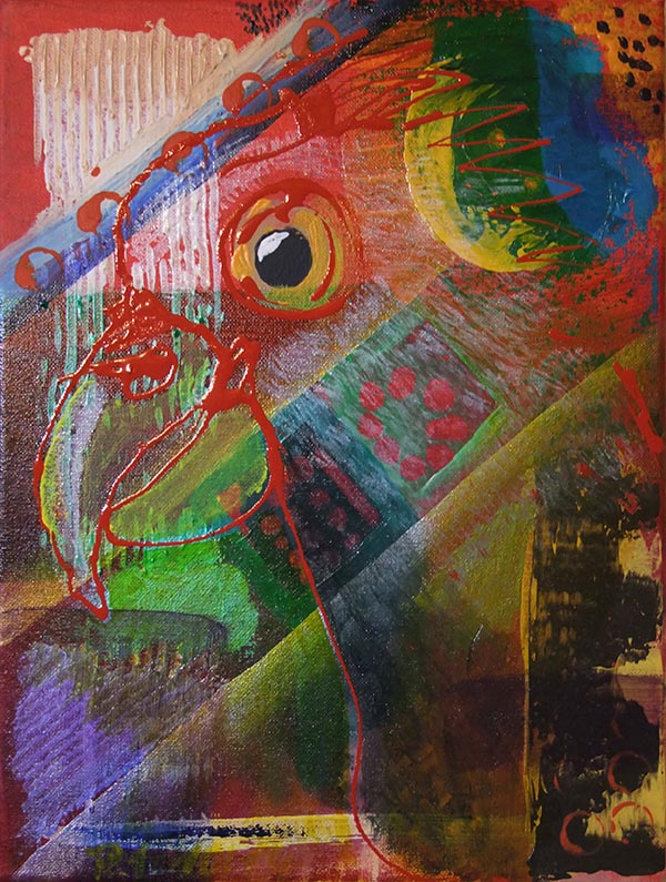 Gedrippter Papagei auf vielfältigst konstruiertem Hintergrund, Acryl, Lack auf Leinwand 30x40 cm