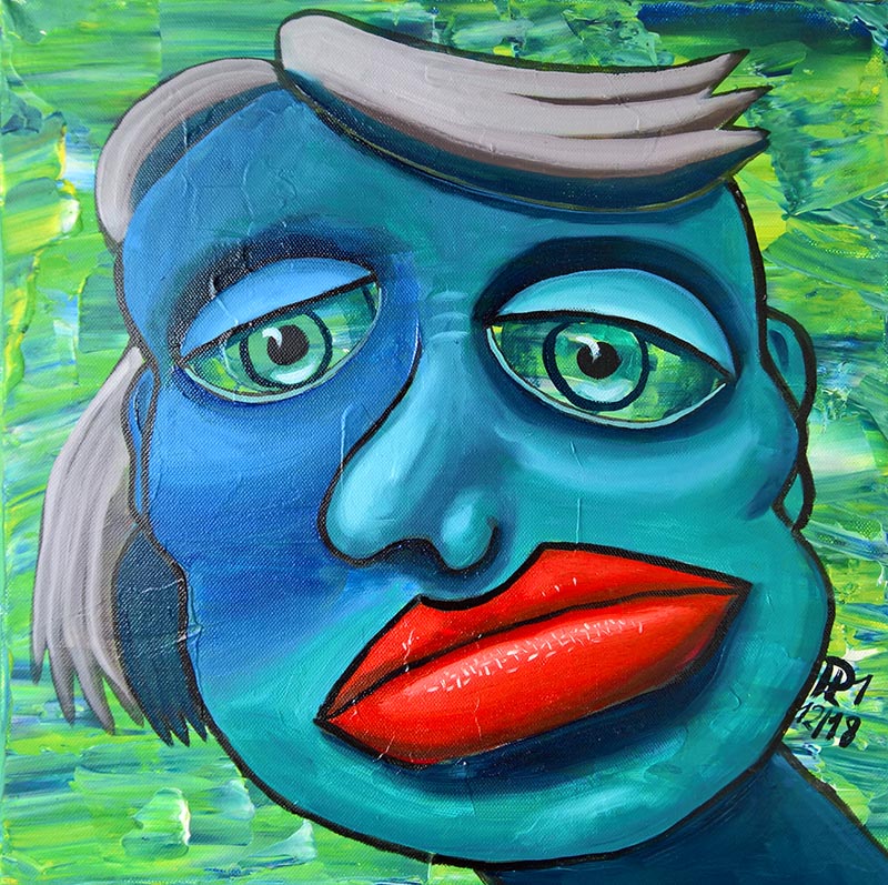 Bild auf Leinwand, mit Acryl und Ölfarben gemalt. Kopf mit blau / türkis Hautfarbe und riesigen Lippen.