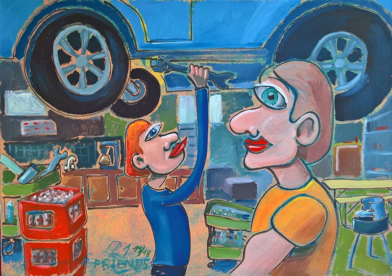 Darstellung zweier Freunde in einer Autowerkstatt, Ölbild auf einer Leinwand