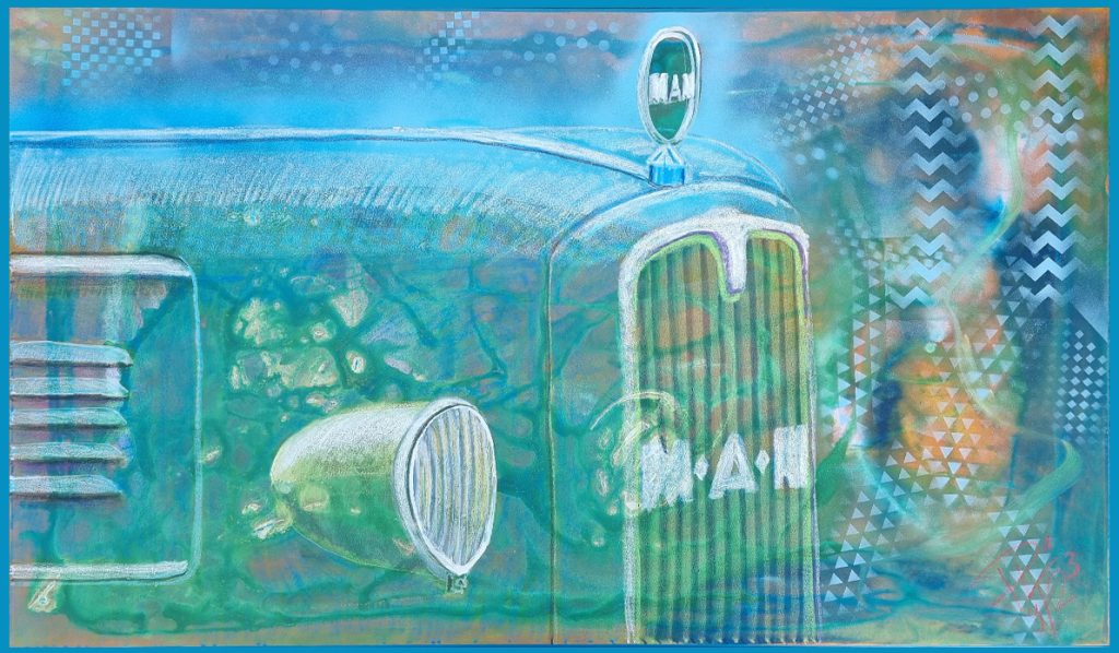 Gemaltes Detail eines MAN-Traktors (Oldtimer). Acryl und hochwertige Pastelle (Neocolor 2) von Caran D'ache auf einer Leinwand 100x60cm