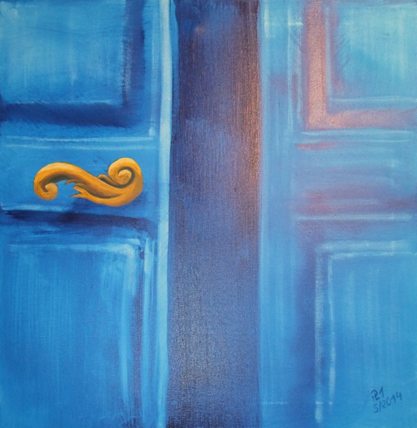 Acrylbild auf Leinwand, Ausschnitt einer blauen Tür, die einen Spalt offen steht, 50 mal 50 cm