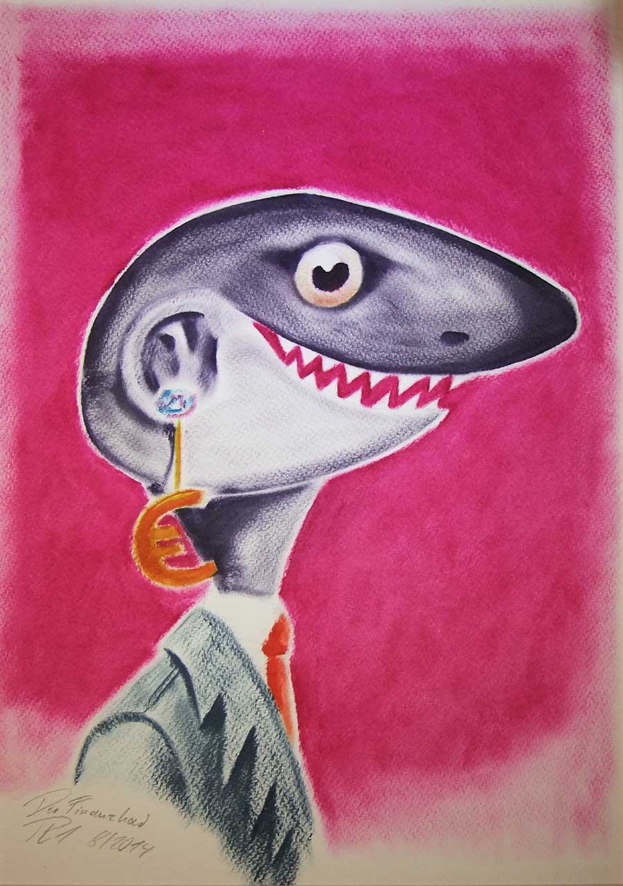 ÖL-Drybrush-Malerei, Darstellung eines Finanz-Hais.